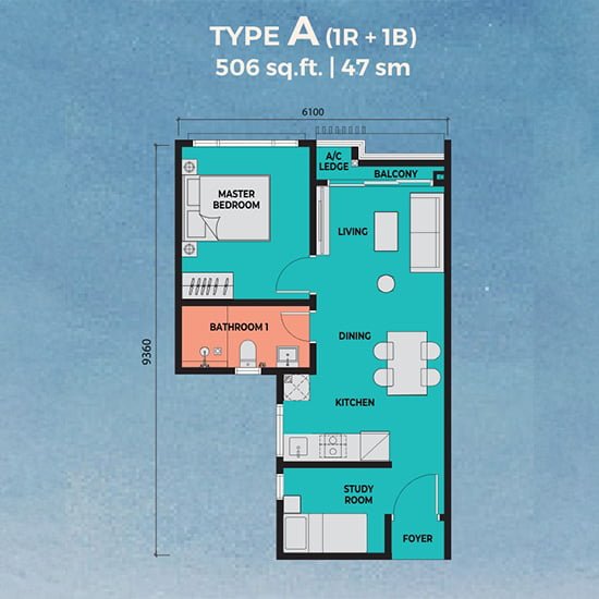 Exsim Kuantan - Sea Crestz Kuantan Waterfront Resort City_Layout Plan Type A 506 sqft