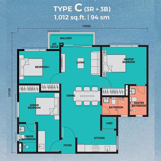 Exsim Kuantan - Sea Crestz Kuantan Waterfront Resort City_Layout Plan Type C 1012 sqft