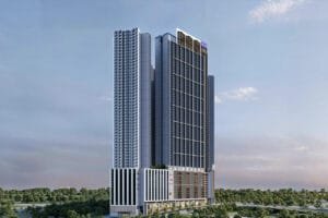 Brixton Tower façade at Causewayz Square @ JBCC by EXSIM CIQ, showcasing modern architecture and glass-panel design