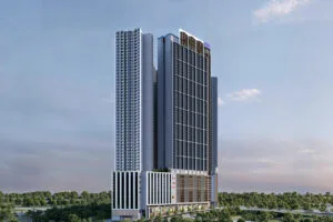 Brixton Tower façade at Causewayz Square @ JBCC by EXSIM CIQ, showcasing modern architecture and glass-panel design