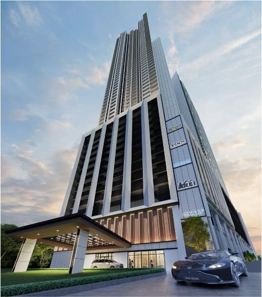 Facade of Brixton Tower at Causewayz Square @ JBCC by EXSIM CIQ, showcasing its modern architecture and city-facing design — ideal for professionals seeking cross-border convenience or investors eyeing rental demand near Singapore CIQ.