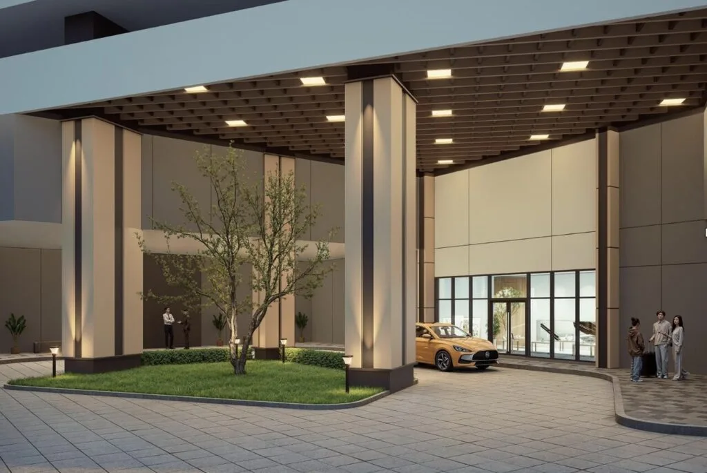 Lower ground floor drop-off lobby at Dover Tower, Causewayz Square @ JBCC by EXSIM CIQ, featuring sheltered vehicle access and modern building façade