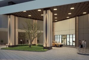 Lower ground floor drop-off lobby at Dover Tower, Causewayz Square @ JBCC by EXSIM CIQ, featuring sheltered vehicle access and modern building façade