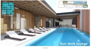 Sun Deck Lounge at Causewayz Square @ JBCC EXSIM CIQ Sky Roof, equipped with comfortable loungers for relaxation, overlooking the infinity pool and city skyline