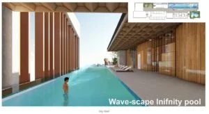 Wave-Scape Infinity Pool at Causewayz Square @ JBCC EXSIM CIQ Sky Roof, featuring panoramic skyline views, modern deck seating, and a luxurious swimming experience for residents