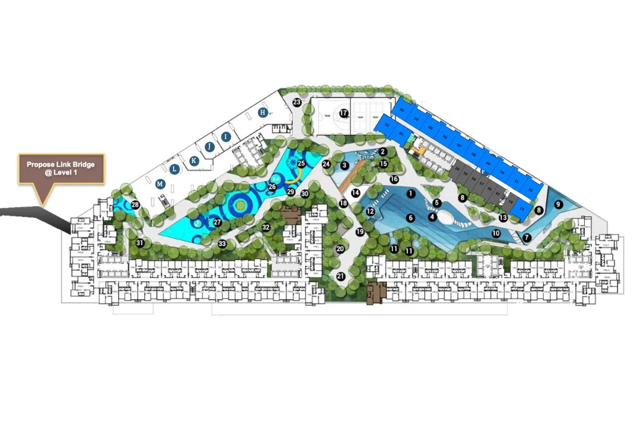 Causewayz Square @ JBCC EXSIM CIQ Tower A Axis detailed plan showcasing residential unit arrangements, podium-level landscaped gardens, swimming pools, and recreational areas, providing a clear overview of the development’s amenities and connectivity within the masterplan.