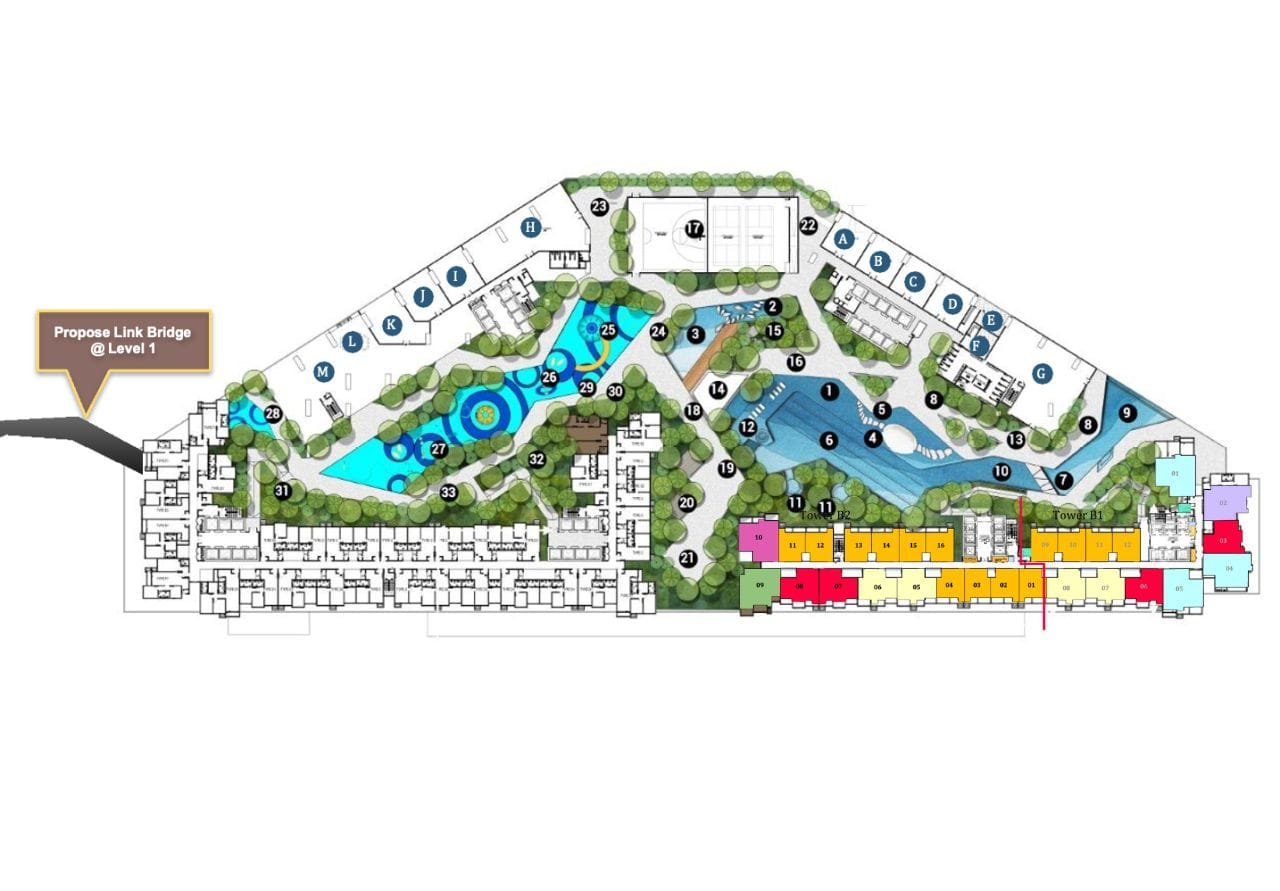 Causewayz Square @ JBCC by EXSIM CIQ — Tower B Brixton detailed layout plan with podium-level facilities, including proposed link bridge, landscaped gardens, swimming pools, sports courts, and recreational zones designed for residents’ leisure and connectivity.