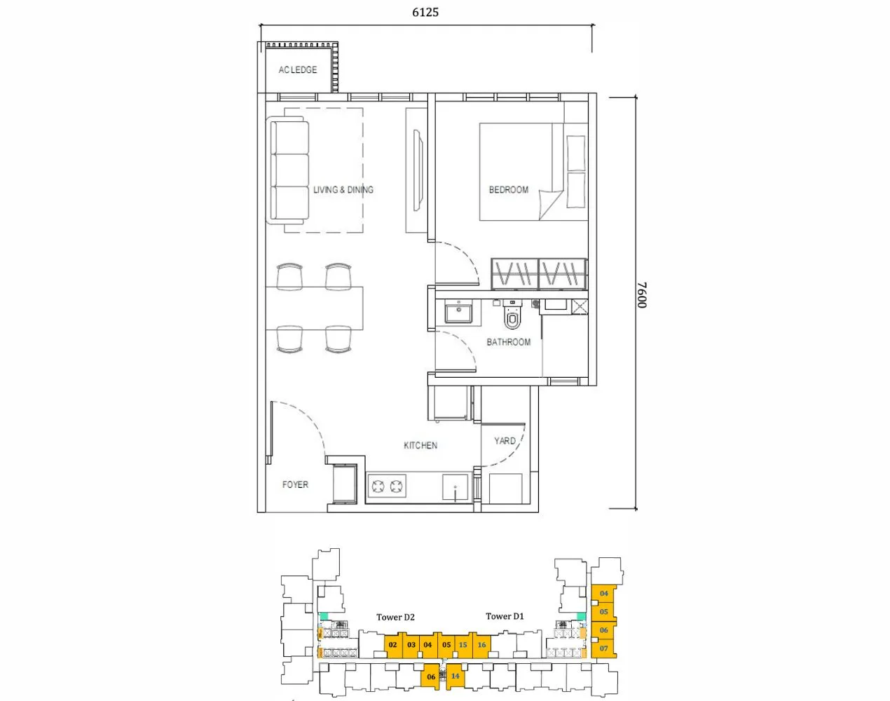 Type C layout plan for Tower D Dover at Causewayz Square @ JBCC by EXSIM CIQ, showcasing a compact yet functional 474 sq ft studio-style residence. Designed with an open-plan living and dining area, kitchenette, bathroom, and bedroom space, it caters to singles or young professionals seeking convenience and proximity to the Johor–Singapore CIQ.