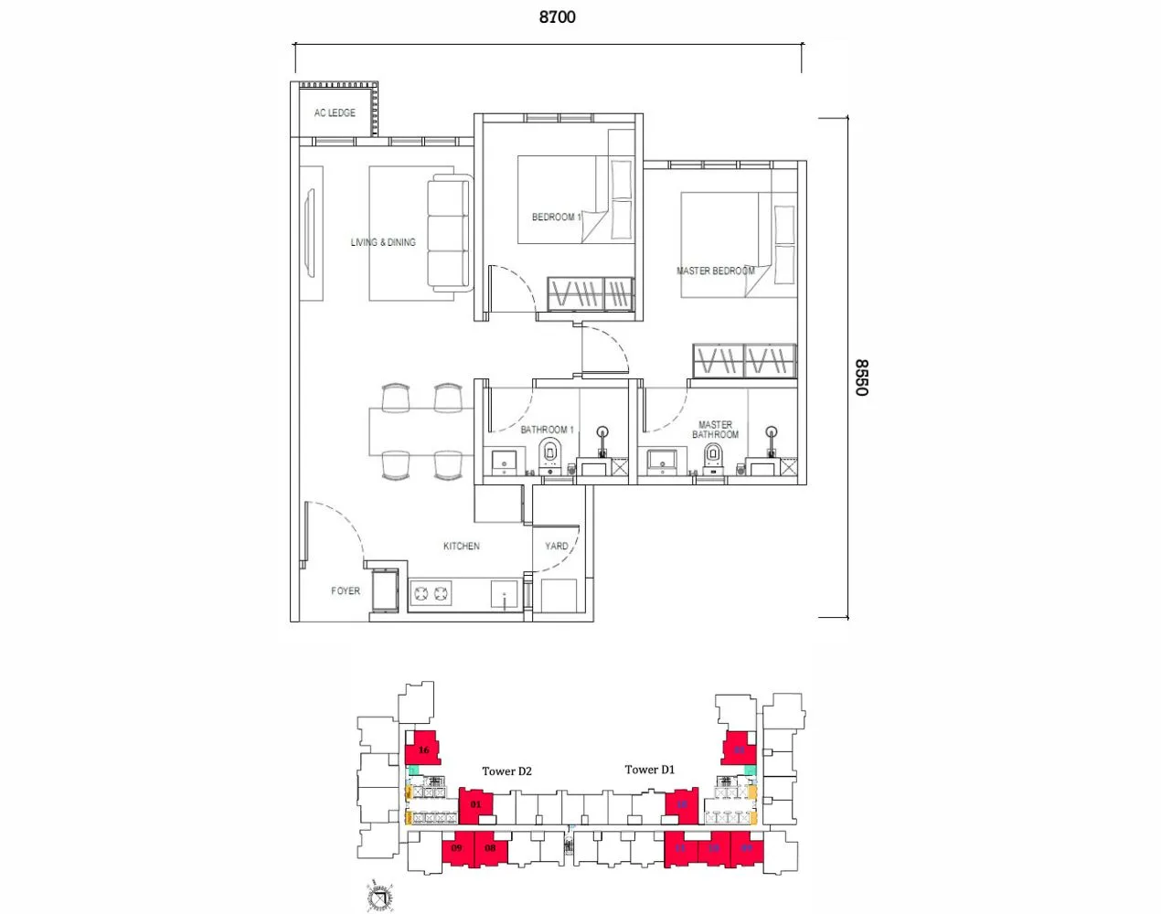 Type D1 layout plan at Tower D Dover, Causewayz Square @ JBCC by EXSIM CIQ, featuring 667 sq ft of practical living space. This unit offers one bedroom, a modern bathroom, a spacious living and dining area, kitchen, and yard, ideal for professionals or couples who value CIQ accessibility.