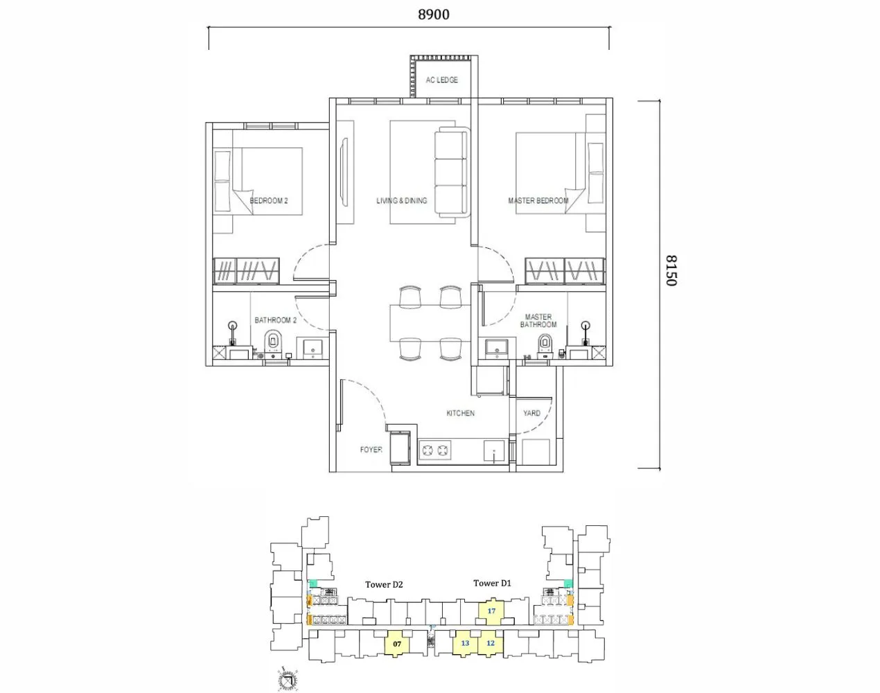 Type D2 floor plan at Tower D Dover, Causewayz Square @ JBCC by EXSIM CIQ, a 667 sq ft one-bedroom residence with well-defined spaces. Includes a kitchen, open dining and living area, bathroom, and yard, perfect for cross-border commuters near Johor–Singapore CIQ