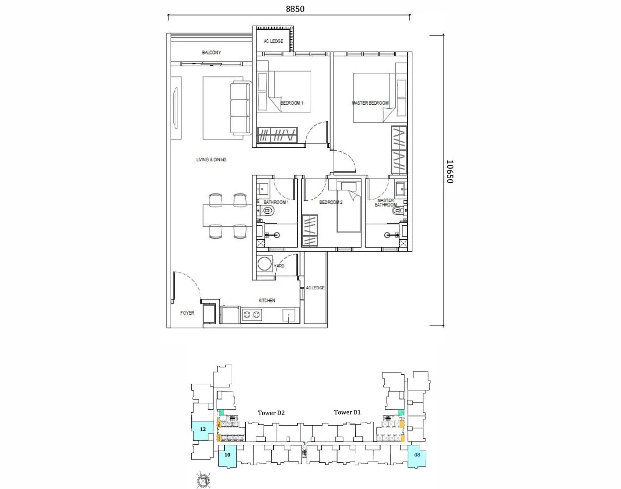 Type E1 layout plan at Tower D Dover, Causewayz Square @ JBCC by EXSIM CIQ, offering 850 sq ft with two bedrooms and two bathrooms. The layout includes a spacious living and dining area, open kitchen, and yard, providing a balanced mix of comfort and practicality close to Johor–Singapore CIQ