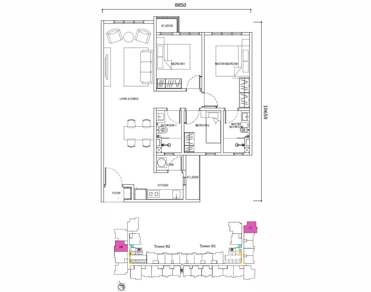 Type E2 layout plan for Tower D Dover at Causewayz Square @ JBCC by EXSIM CIQ, featuring 850 sq ft of space with two bedrooms, two bathrooms, an open-plan kitchen and yard, and a bright living-dining area. Ideal for small families or investors near CIQ