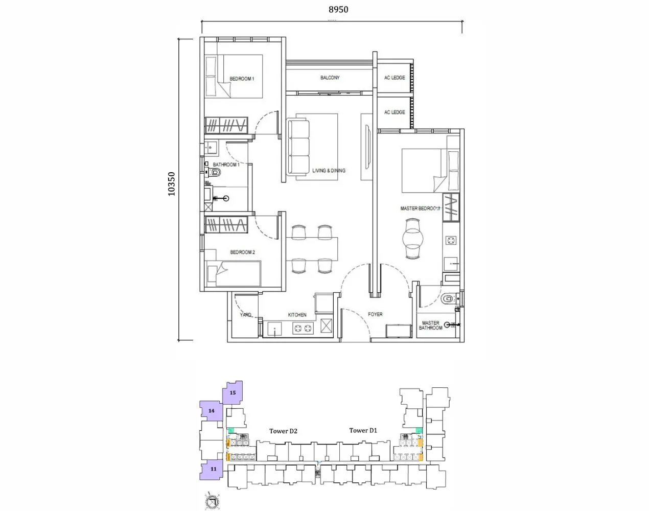 Type F1 unit layout at Tower D Dover, Causewayz Square @ JBCC by EXSIM CIQ, 850 sq ft designed with three bedrooms, two bathrooms, a yard, and a functional kitchen flowing into a generous living and dining space. Perfect for family living close to Johor–Singapore CIQ.