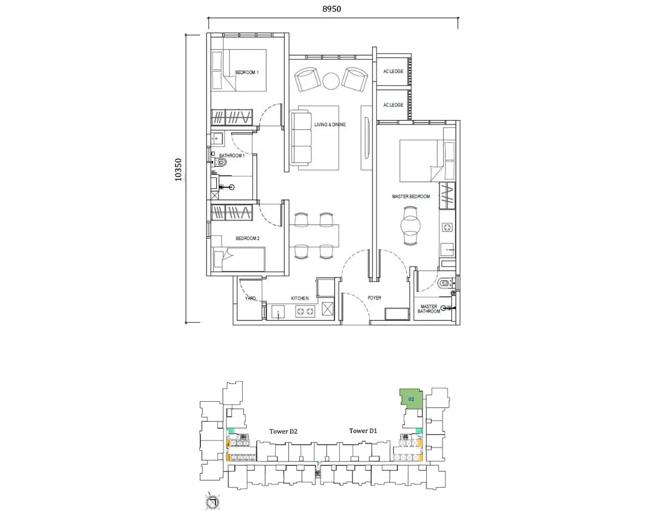 Type F2 floor plan for Tower D Dover at Causewayz Square @ JBCC by EXSIM CIQ, an 850 sq ft residence with three bedrooms, two bathrooms, balcony, and open kitchen-living arrangement, offering a practical yet stylish home near CIQ.