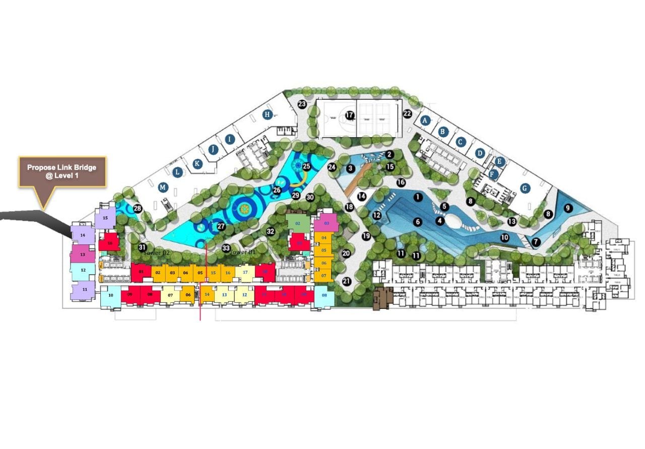 Tower D Dover block and facilities plan at Causewayz Square @ JBCC by EXSIM CIQ, displaying the residential tower footprint, proposed link bridge to CIQ, landscaped recreation areas, swimming pools, leisure decks, and strategic unit distribution for optimal views and accessibility.