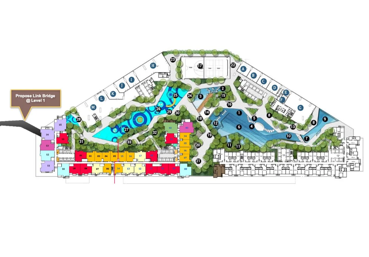 Tower D Dover block and facilities plan at Causewayz Square @ JBCC by EXSIM CIQ, displaying the residential tower footprint, proposed link bridge to CIQ, landscaped recreation areas, swimming pools, leisure decks, and strategic unit distribution for optimal views and accessibility.