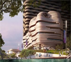Iconic Coral Hotel at The Bedrock Sabah, Jesselton Docklands, featuring wave-inspired architecture and prime waterfront positioning.