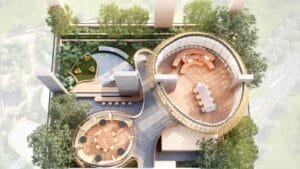 Top view of rooftop pocket garden at The Bedrock Sabah Jesselton Docklands with circular lounge and lush landscaping
