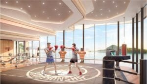Rooftop boxing gym at The Bedrock Sabah Jesselton Docklands with panoramic sea views of Kota Kinabalu waterfront.