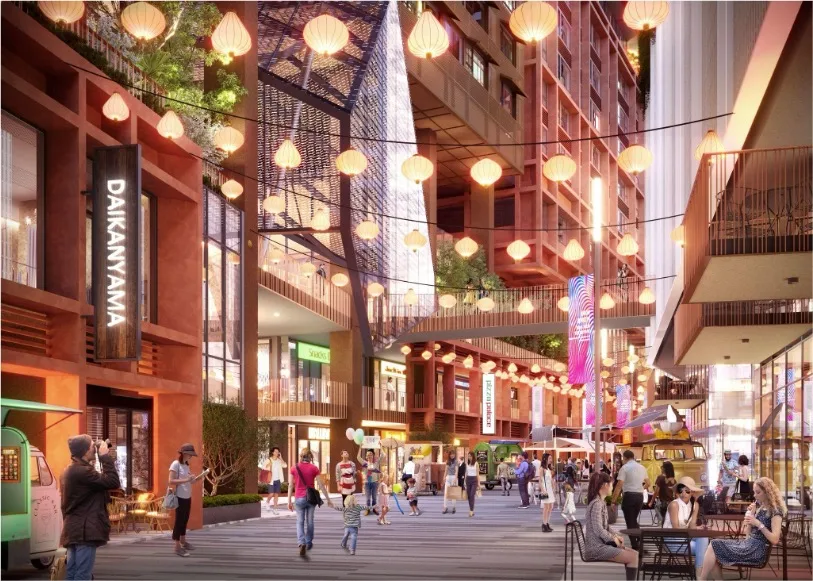 Vibrant festive street at The Bedrock Jesselton Docklands, Exsim’s Sabah development, featuring retail shops and dining spots.