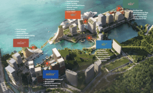 Master plan of The Bedrock @ Jesselton Docklands by EXSIM, showing its prime waterfront location in Kota Kinabalu with nearby landmarks such as The Enclave, The Reef, and The Holm.