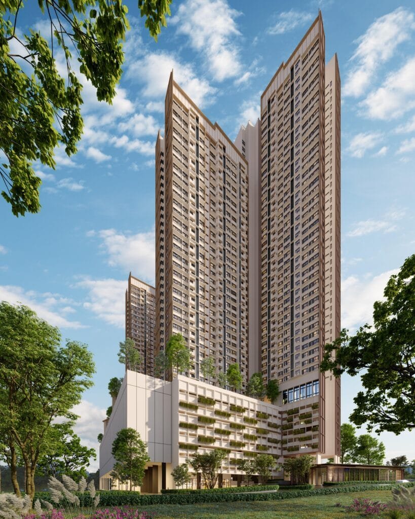 aytime view of Queenswoodz Bukit Jalil by EXSIM, a modern high-rise designed for urban living with greenery integration, offering convenient access to LRT and Pavilion Bukit Jalil.