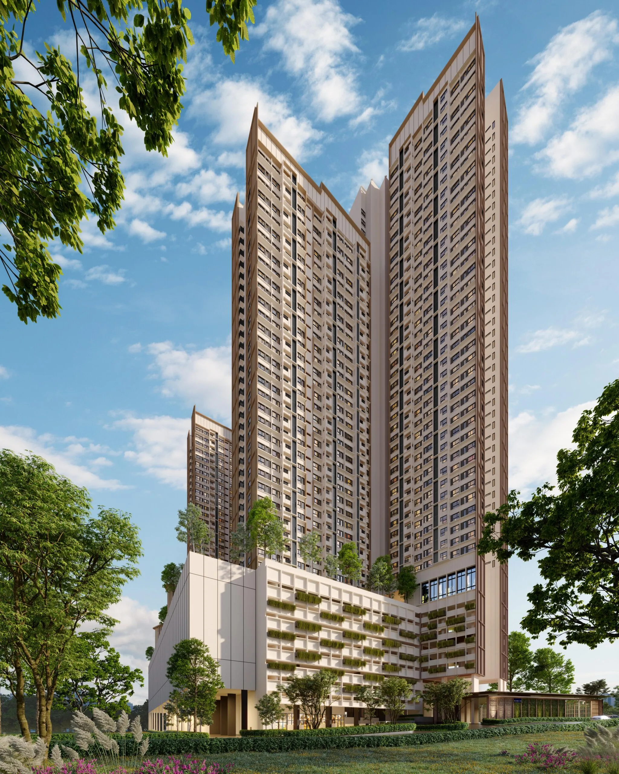 aytime view of Queenswoodz Bukit Jalil by EXSIM, a modern high-rise designed for urban living with greenery integration, offering convenient access to LRT and Pavilion Bukit Jalil.