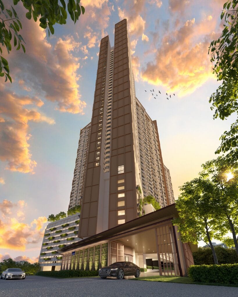 Evening perspective of EXSIM Queenswoodz Bukit Jalil, showcasing warm architectural lighting and a welcoming entrance for residents seeking a blend of city convenience and resort-inspired ambiance