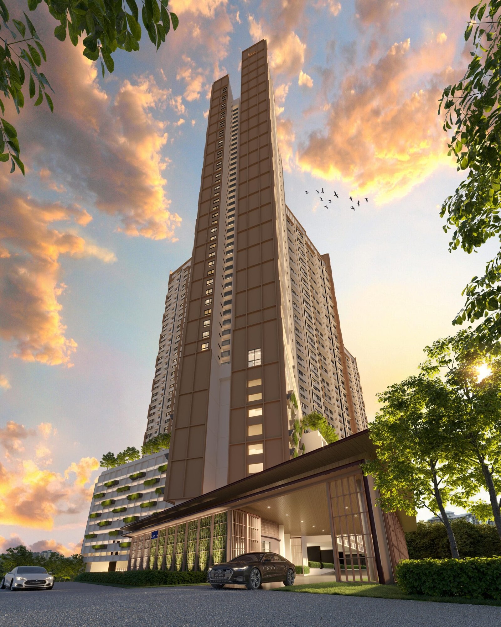 Evening perspective of EXSIM Queenswoodz Bukit Jalil, showcasing warm architectural lighting and a welcoming entrance for residents seeking a blend of city convenience and resort-inspired ambiance