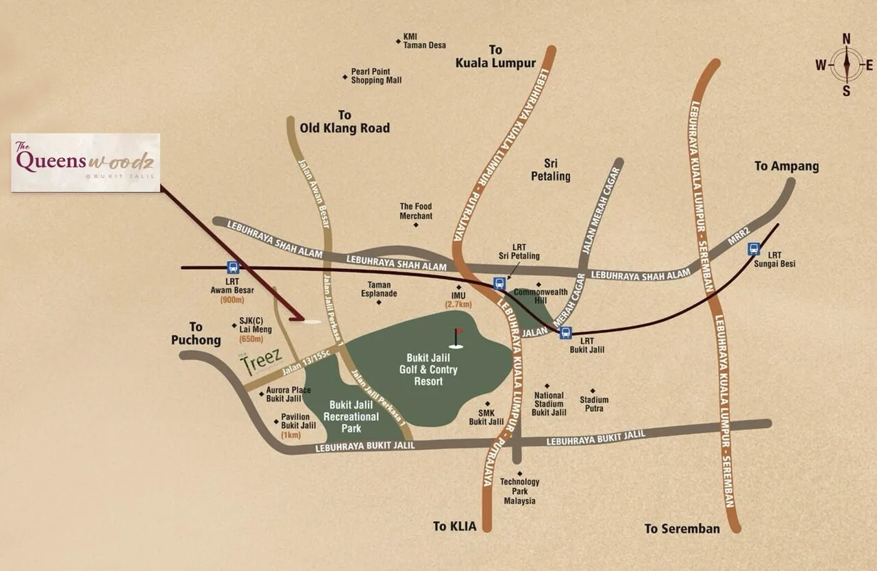 Queenswoodz Bukit Jalil location map highlighting proximity to LRT Awan Besar, Pavilion Bukit Jalil, Bukit Jalil Recreational Park, and key highways for seamless citywide access