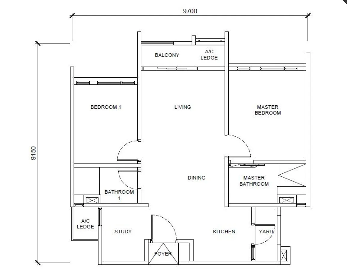 Queenswoodz Bukit Jalil Type A 807 sqft layout — ideal for young couples or professionals, featuring 2 bedrooms, open living area, and balcony with city views