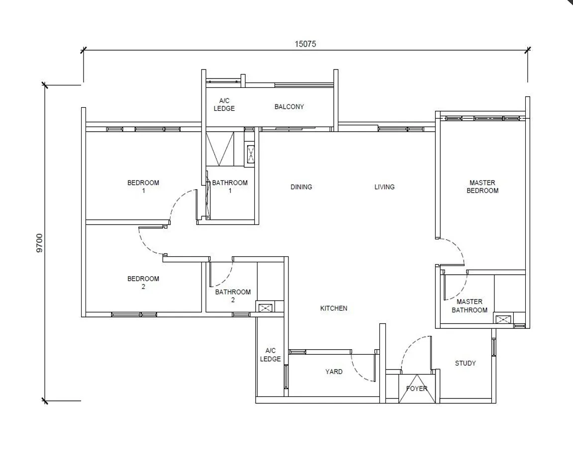 Queenswoodz Bukit Jalil Type C 1206 sqft floor plan — suited for growing families, offering 3 bedrooms, yard, and large balcony for outdoor relaxation