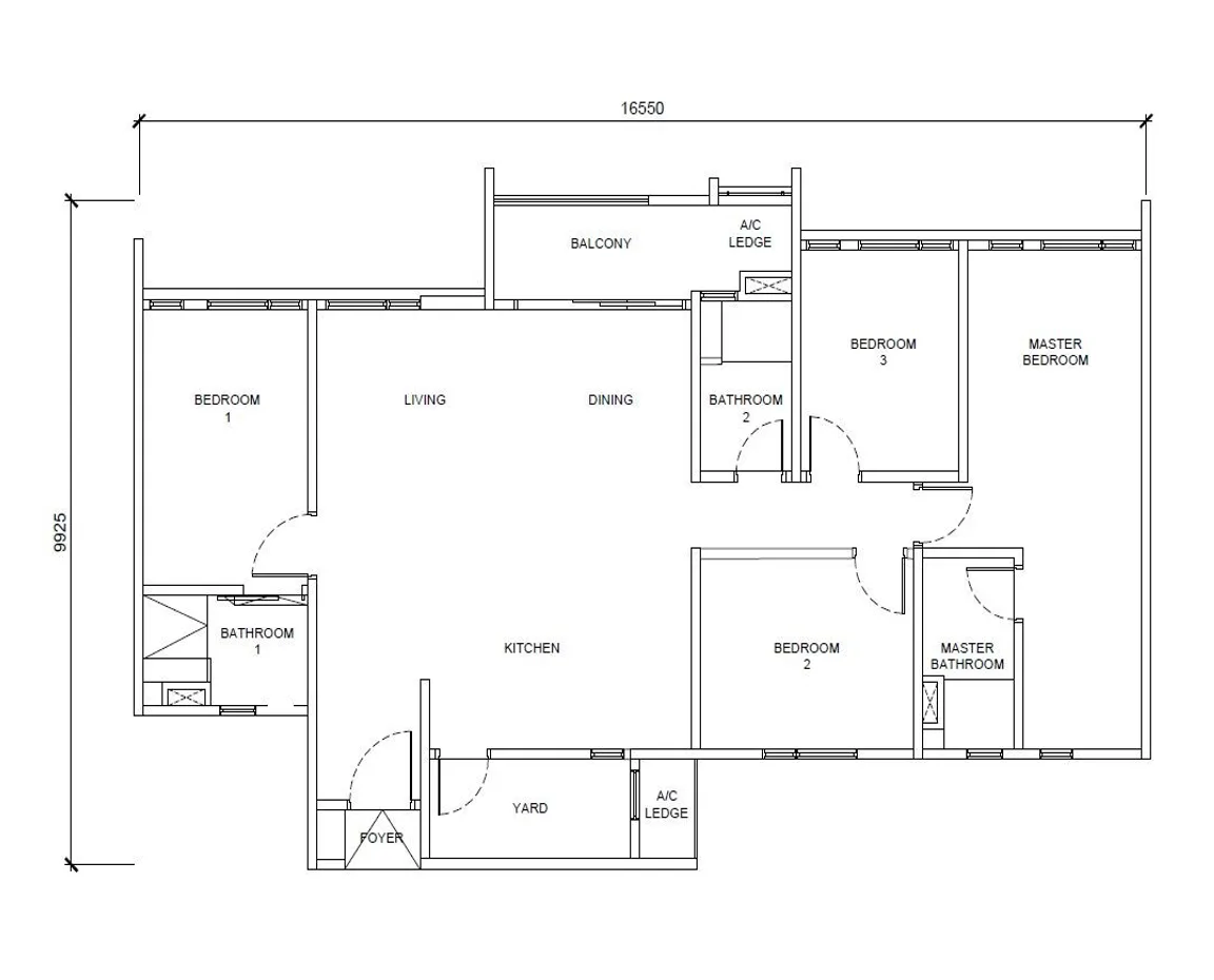 EXSIM Queenswoodz Bukit Jalil Type D1 1410 sqft layout with expansive balcony, spacious living-dining area, and 3 bedrooms — designed for larger households