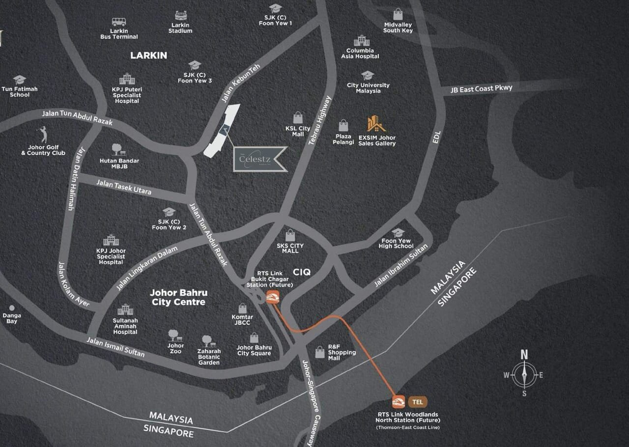 Location map of The Celestz @ Kebun Teh showing access to CIQ, RTS Link Bukit Chagar and Johor Bahru City Centre