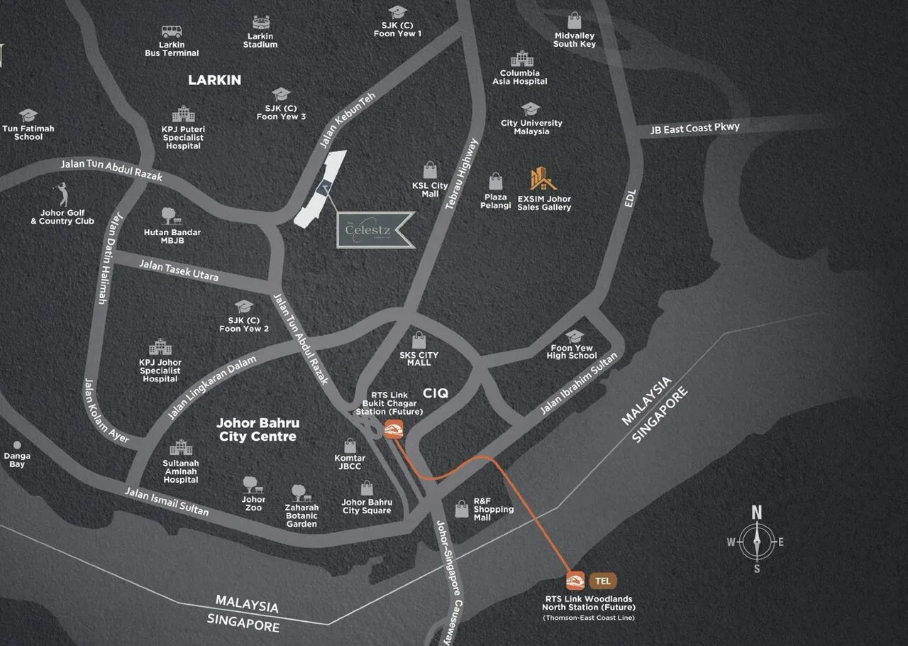 Location map of The Celestz @ Kebun Teh showing access to CIQ, RTS Link Bukit Chagar and Johor Bahru City Centre