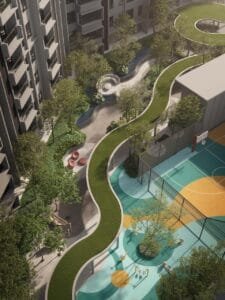 Outdoor sports court and landscaped recreation area within The Lighthauz facilities deck.