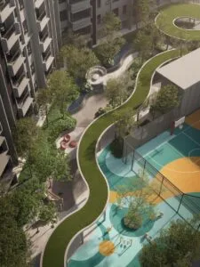 Outdoor sports court and landscaped recreation area within The Lighthauz facilities deck.