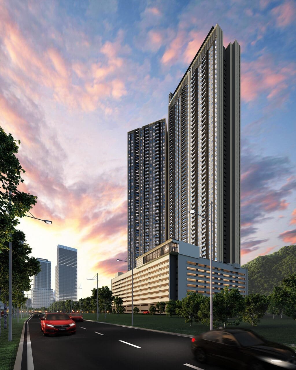 High-rise facade view of The Lighthauz with podium parking and city access in Penang.