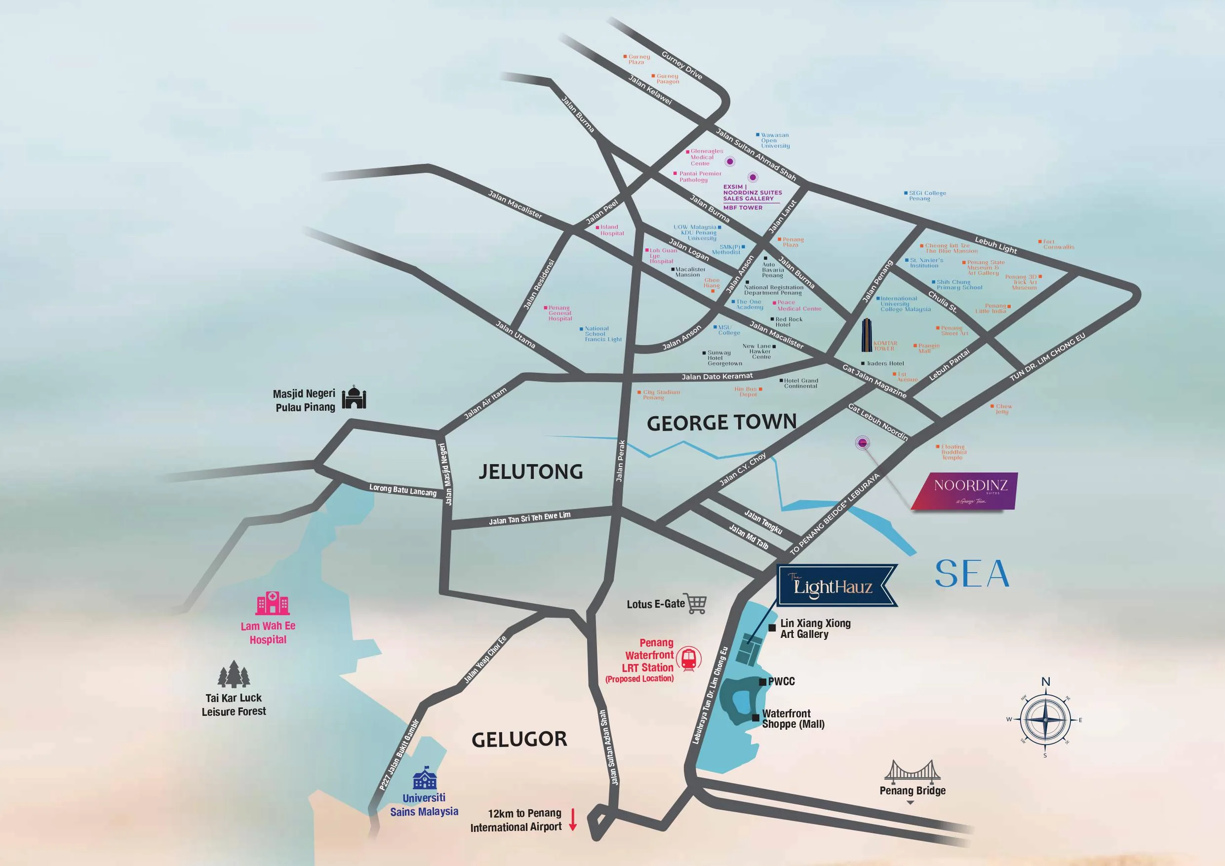 Location map showing The Lighthauz in Gelugor with access towards George Town, Penang Bridge and Bayan Lepas