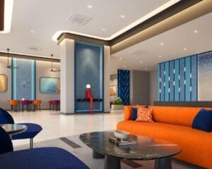 Contemporary lobby lounge at The Lighthauz with bold interior colours and comfortable seating area