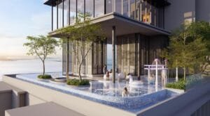 Wading pool facility at The Lighthauz with children-friendly water play area and open view towards Penang’s coastline.