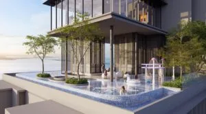 Wading pool facility at The Lighthauz with children-friendly water play area and open view towards Penang’s coastline.