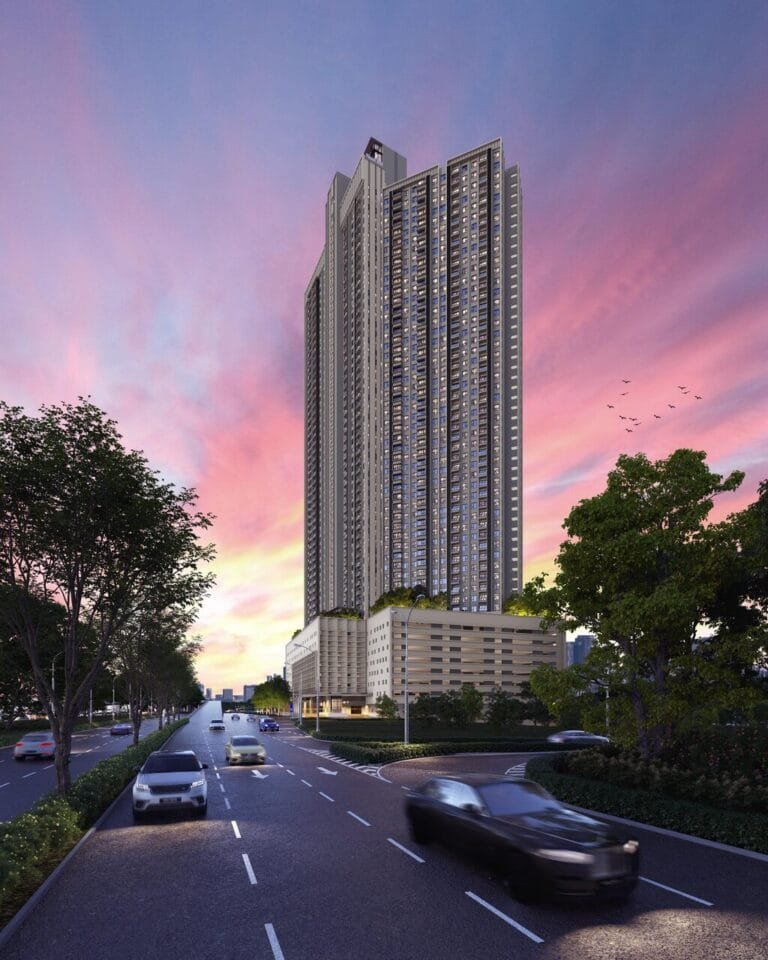 Evening view of The Lighthauz residential tower with landscaped streetscape in Gelugor, Penang