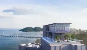 Sky deck view at The Lighthauz showing rooftop leisure facilities overlooking the sea and Penang city skyline.