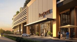Entrance area of Keeperz Suites with warm lighting, retail frontage and pedestrian access.