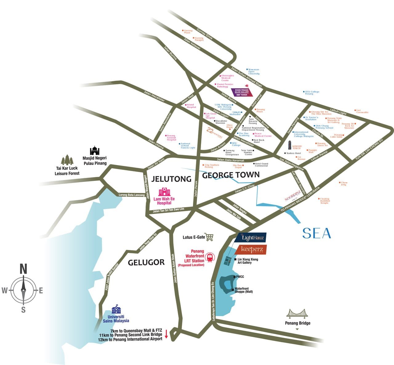 Location map showing Keeperz Suites in Gelugor with access towards George Town, Penang Bridge, Bayan Lepas and major island routes.