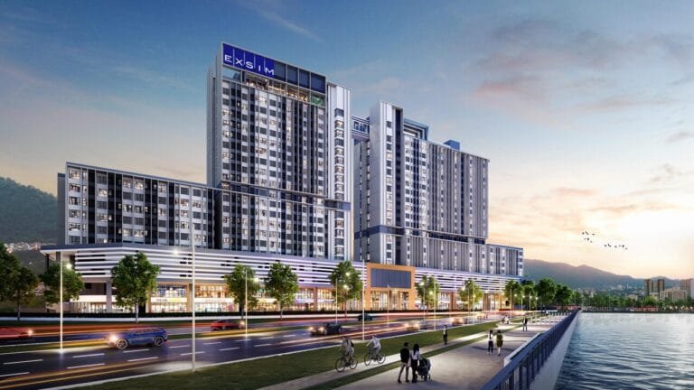 Exterior view of Keeperz Suites in Gelugor, Penang with residential suites, retail frontage and waterfront surroundings.