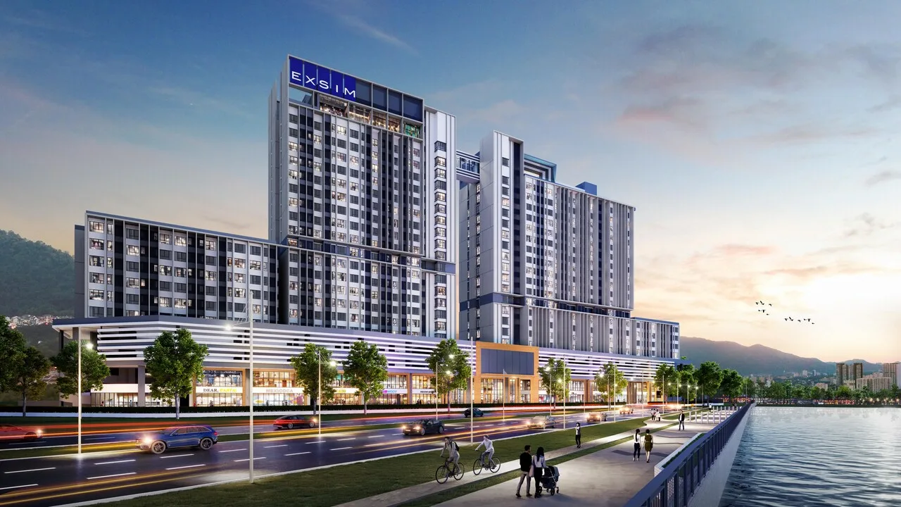 Exterior view of Keeperz Suites in Gelugor, Penang with residential suites, retail frontage and waterfront surroundings.