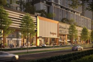 Retail frontage at Keeperz Suites with shop lots, pedestrian walkway and active street-level environment.