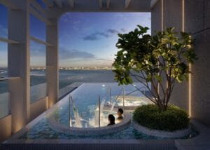 Sky jacuzzi at Keeperz Suites with elevated water feature, landscaped corner and sea-facing outlook.